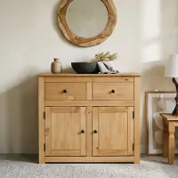 CARO-Möbel Kommode CANCUN im Landhaus Stil aus Kiefer massiv, moderne Anrichte mit 2 Schubladen und Türen, Sideboard mit gebeizter gewachster Oberfläche