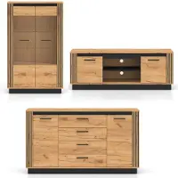 Feldmann-Wohnen Wohnzimmer-Set Urso Wohnwand Gold Craft Eichel schwarz Ausführung wählbar,ohne Beleuchtung,3-teilig (Vitrine,Lowboard,Kommode)