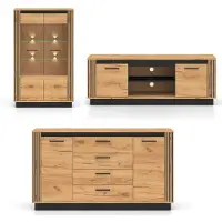 Feldmann-Wohnen Wohnzimmer-Set Urso Wohnwand Gold Craft Eichel schwarz Ausführung wählbar,mit Beleuchtung,3-teilig (Vitrine,Lowboard,Kommode)
