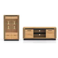 Feldmann-Wohnen Wohnzimmer-Set Urso Wohnwand Gold Craft Eichel schwarz Ausführung wählbar,mit Beleuchtung,2-teilig (Vitrine,Lowboard)