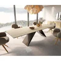DELIFE Esstisch Edge 300x100 Keramik Laminam Sabbia Eichefarbig V-Gestell Flachstahl Schwarz