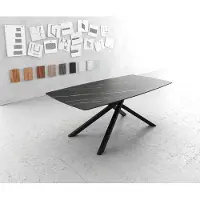 DELIFE Esstisch Edge Bootsform 200x100cm Laminam Keramik Noir Desir Braun Mittelfuß Kreuz Schwarz