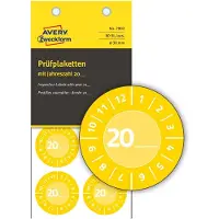 Avery Prüfplakette 7902 mit Jahreszahl 20__zum Selbereintragen, extrem robust, Ø 30 mm, 80 Stück/10 Bogen, Vinylfolie, gelb