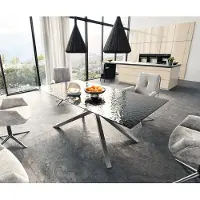 DELIFE Esstisch Edge 200x100 Reliefglas Rauchschwarz 3D-Design Kreuzgestell Rechteck Edelstahl