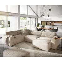 DELIFE Wohnlandschaft Sirpio 300x210 cm Cord Beige Recamiere variabel mit Hocker
