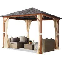 TOOLPORT Gartenpavillon 3x3 m Holzoptik, Stahldach Hardtop 4 Seitenteile in Champagner
