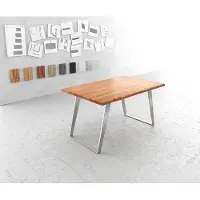 DELIFE Esstisch Edge 140x90cm Akazie Natur Edelstahl Silber schräg Live-Edge