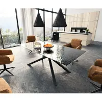 DELIFE Esstisch Edge 200x100 Reliefglas Rauchschwarz 3D-Design Kreuzgestell Rechteck Schwarz