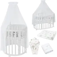 Waldin Babybett Oval 7in1, Matratze, Rollen, Regal,Stoffe Weiß Zweige,Holz Weiß