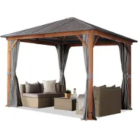 TOOLPORT Gartenpavillon 3x3 m Holzoptik, Stahldach Hardtop 4 Seitenteile in grau