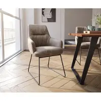 DELIFE Esszimmerstuhl Zelia-Flex mit Armlehnen Mikrofaser Taupe Vintage Kufengestell Schwarz Taschenfederkern