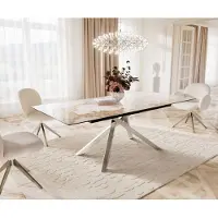 DELIFE Esstisch Edge 180-220x100 Keramik Minas Melange Weiß-Beige Kreuzgestell Rechteck Edelstahl ausziehbar