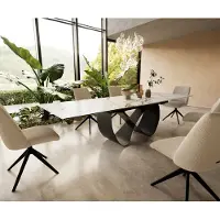 DELIFE Esstisch Edge 200-300x100 cm Keramik Calacatta Luxe Weiß-Gold-Grau Infinity Metall Schwarz ausziehbar