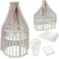 Waldin Mobiles Babybett OWAL aus Holz 7in1 mit Matratze, mitwachsend,Stoffe Taupe Zweige,Holz olive
