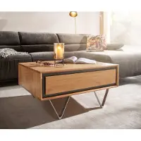 DELIFE Couchtisch Stonegrace 80x60 cm Akazie Natur 2 Schubladen Steinfurnier