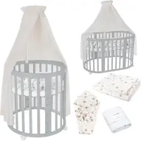 Waldin Mobiles Babybett OWAL aus Holz 7in1 mit Matratze, mitwachsend,Stoffe Champagner Löwenzahn,Holz grau