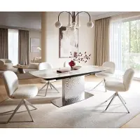 DELIFE Esstisch Edge Boot 180-220x100 Keramik Minas Melange Weiß-Beige Wave Edelstahl ausziehbar