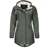 Dry Fashion Damen Regenmantel Malmö - Frauen Regenjacke Jacke mit Kapuze Lang Winddicht Wasserdicht Gefüttert mit Teddyfleece in Oliv Größe 44