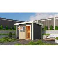 Karibu Saunahaus "Ondo" 1 SET terragrau mit Ofen 9 kW ext. Strg, Kabel, Dachfolie, Fenster
