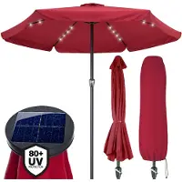Kingsleeve Sonnenschirm LED Beleuchtung UV Schutz 80+ Solar Schutzhülle 330cm Groß Kurbel Volant Balkon Terrasse Gartenschirm Marktschirm Rot
