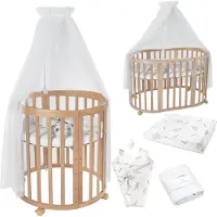 Waldin Mobiles Babybett OWAL aus Holz 7in1 mit Matratze, mitwachsend,Stoffe Weiß Zweige,Holz natur