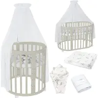 Waldin Mobiles Babybett OWAL aus Holz 7in1 mit Matratze, mitwachsend,Stoffe Weiß Zweige,Holz Olive