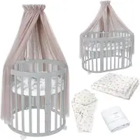 Waldin Mobiles Babybett OWAL aus Holz 7in1 mit Matratze, mitwachsend,Stoffe Taupe Zweige,Holz grau