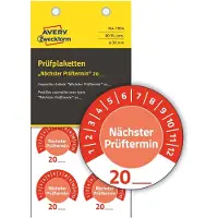 Avery Zweckform Prüfplakette 7904 „Nächster Prüftermin“ 20__zum Selbereintragen, extrem robust, Ø 30 mm, 80 Stück/10 Bogen, Vinylfolie, rot