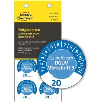 Avery Zweckform 7909 Prüfplaketten „DGUV Vorschrift 3“ 20__ zum Selbereintragen, extrem robust, Ø 30 mm, 80 Stück/10 Bogen, Vinylfolie, blau