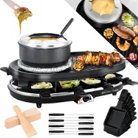 Kesser 3in1 Raclette-Grill mit Naturgrillstein, Grillplatte und Fondue, Tischgrill für 8 Personen, Elektrogrill Raclette Grill antihaftbeschichteter Grillplatte, 8 Pfannen und Holzspatel
