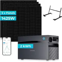 Sunshare 1425W Balkonkraftwerk-Set: 2 kWh Speicher, 5x 285W Ray Panel, PV-Halterun für Flachdach & Garten