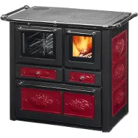 Westminster Festbrennstoffherd K85F bordeaux Backofen links mit Stahlplatten-Kochfeld