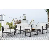 Happy Home Gartenmöbel Lounge-Set Lounge-Sessel mit Sofa & Coffee Table aus Aluminium schwarz mit Teakholz