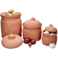 MamboCat 3er Set Terra Tontöpfe mit Deckel aus Terrakotta Kartoffel Zwiebel Knoblauch