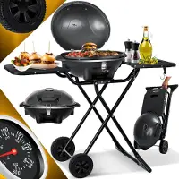 Kesser elektrischer Elektrogrill 2in1 Tischgrill - Standgrill mit Deckel und Standfuß | max. 2400 Watt | Faltbar | Thermometer | Antihaftbeschichtung | Grillplatte Abstelltische | 2 Räder |