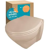 Calmwaters Erhöhtes Wand WC spülrandlos Modern Plus mit Toilettendeckel, +6 cm Erhöhung, erhöhte Toilette inkl. abnehmbarem WC Sitz mit Absenkautomatik und Fast-Fix, Komfort Tiefspüler, Bahamabeige