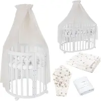 Waldin Babybett Oval 7in1, Matratze, Rollen, Regal,Stoffe Champagner Löwenzahn,Holz Weiß