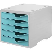 Styro Schubladenbox styroswing, 5 Schübe, Auszugsperre & Griffmulde, stapelbar, B 270 x T 340 x H 255 mm, Polystyrol, grau-aqua