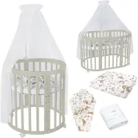 Waldin Mobiles Babybett OWAL aus Holz 7in1 mit Matratze, mitwachsend,Stoffe Weiß Tiere,Holz Olive