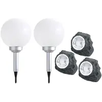 Etc-shop 5er Set LED Solarleuchte, Stein, Kugel, weiß, grau