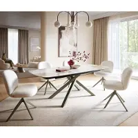DELIFE Esstisch Edge Boot 180-220x100 cm Keramik Minas Melange Weiß-Beige Kreuzgestell Rechteck Effektfinish Titan ausziehbar