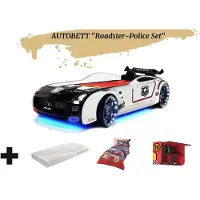 Aileenstore Autobett Kinderbett "Roadster Police" LED Sound Sportsitze Lattenrost Spoiler 90x190 cm inkl. Matratze, Bettwäsche und Wandregal