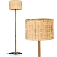 Hofstein Casalina Stehlampe mit Holzfuß und Schirm aus Rattan/Wienergeflecht