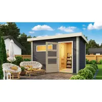 Karibu Saunahaus Helmi terragrau im Set mit finnischem 9kW Ofen