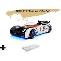 Aileenstore Autobett Kinderbett "Roadster Police" LED Sound Sportsitze Lattenrost Spoiler 90x190 cm inkl. Matratze