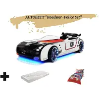 Aileenstore Autobett Kinderbett "Roadster Police" LED Sound Sportsitze Lattenrost Spoiler 90x190 cm inkl. Matratze und Bettwäsche