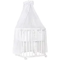 Waldin Mobiles Babybett aus Holz 7in1 mit Matratze, mitwachsend,Stoffe weiss,Holz weiß