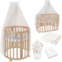 Waldin Babybett Oval 7in1, Matratze, Rollen, Regal,Stoffe Champagner Löwenzahn,Holz Natur