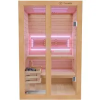 Dewello Finnische Sauna TOFINO 120x140 Kabine aus Hemlock Tannenholz mit 3,5 kW Harvia Ofen, inkl Sauna Set