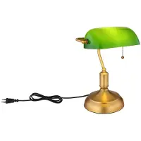 Globo LED Tischleuchte, Bankerlampe, Zugkette, altmessing, grün, H 36 cm
